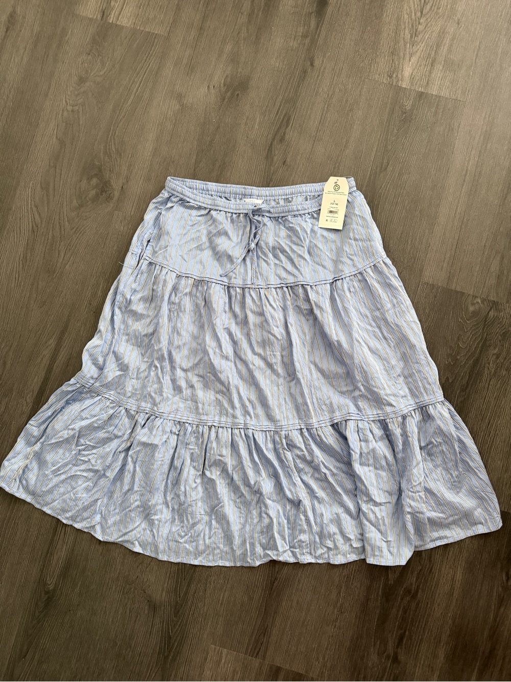 Time and Tru Light Blue Striped Tiered Midi Skirt